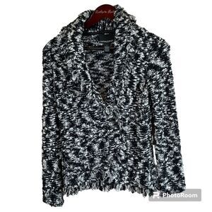 Cynthia Rowley Wrap Sweater Blazer Sz S Black White Mohair Wool Blend Fringe T1